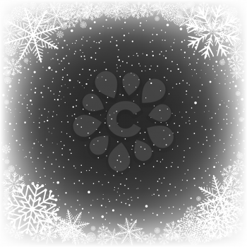 Black hole snow winter frame background. Frosty close-up wintry snowflakes. Ice shape pattern template. Christmas holiday decoration backdrop
