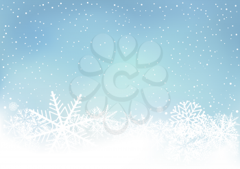 Winter blue sky background with snow. Frosty close-up wintry snowflakes. Ice shape pattern. Christmas holiday decoration backdrop