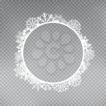 Snowflakes round frame template set on gray transparent background. Christmas holiday ice ornament circular banner
