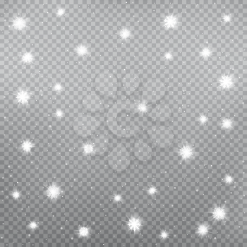 Sparkling snowflakes falling. Winter snowfalls on gray background. Frosty close-up wintry snowflakes. Ice shape pattern. Christmas holiday decoration backdrop