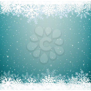 Blue sky cloud snow background. Falling snowflakes azure backdrop. Christmas winter decoration design template