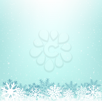 Christmas winter snowy background design template. Blue glowing sky cloud snow background. Falling snowflakes azure backdrop