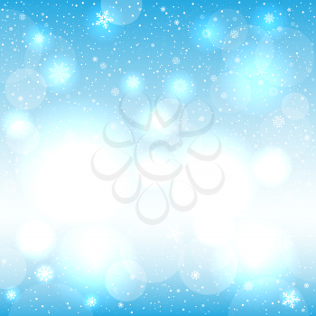 Glowing snow circle blue bokeh background. Falling snowflakes nature clouds backdrop. Christmas decoration design template
