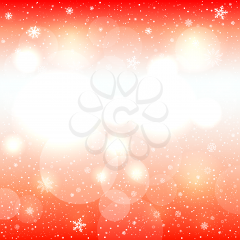 Glowing snow circle red bokeh background. Falling snowflakes orange backdrop. Christmas decoration design template