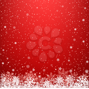 Red glowing light snow background. Falling snowflakes blizzard backdrop. Christmas winter decoration design template