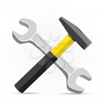 Hammer and wrench repair icon on white transparent background. Work equipment sign. Industrial tool symbol