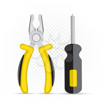 Screwdriver and pliers repair icon on white transparent background. Work equipment sign. Industrial tool symbol