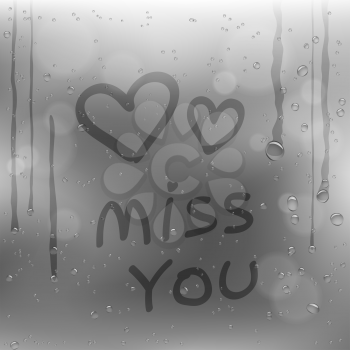 Text miss you and hearts symbol draw on rainy window. Sadness romantic rain template on glass surface with gray storm clouds background