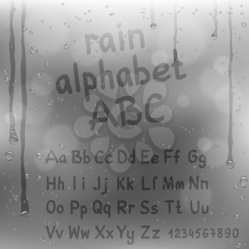 Finger draw alphabet on rain gray background. Water hand writing font template on glass surface