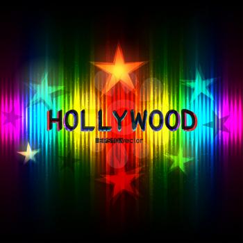 Hollywood Stars show way to glory success on rainbow striped background. Cinematography entertainment industry backdrop