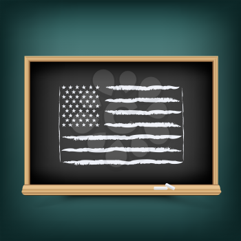 USA national flag draw on school education blackboard. Great 8 country United States of America standard banner backdrop. Learn language lesson