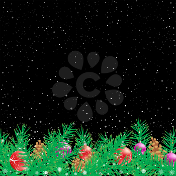 Green spruce and Christmas decoration snow black night background. Falling snowflakes fir tree parts toys pine cones backdrop. Winter holiday design template