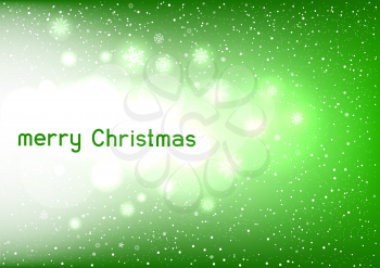 Merry Christmas magic snowy text message congratulation background. Glowing fall snow green circle bokeh backdrop. Christmas snowflakes decoration design template