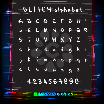 Glitch design alphabet template. Colorful distortion multicolor glitched design text font. Striped random lines technology symbol set collection