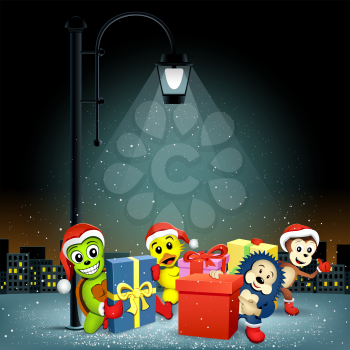 Christmas animals turtle hedgehog monkey duck with presents stand in electric pillar lamp lights and falling snow. Snowflakes falls on night city silhouette background