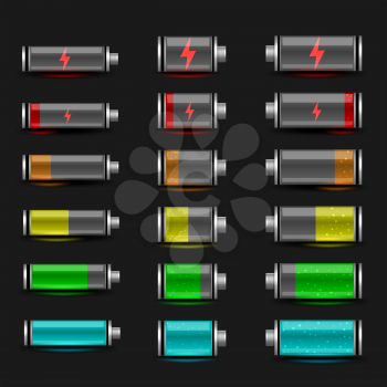 Simple battery charger icon set on black dark background. Glossy batteries collection with green red orange indicator color charge. Easy to edit width height thickness and charge