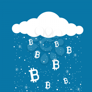 Bitcoin blockchain mining internet cloud with falling crypto coins symbol. Modern and future internet money illustration