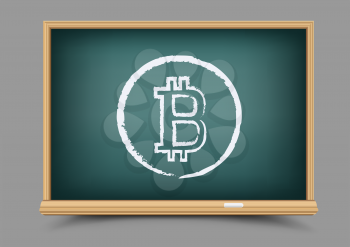 Drawing bitcoin school blackboard crypto currency lesson on gray background. Teach to mining finance. E-commerce business learning