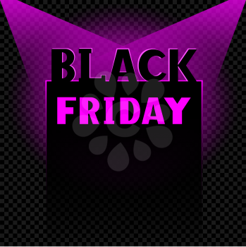 Black friday mega sale text message label in neon pink purple light on transparent dark background. Business communication dialog or quote template sign.