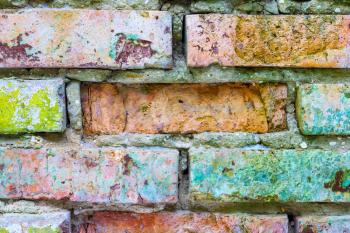 Old grunge colored brick wall background. Brickwork decor backdrop. Architecture texture design