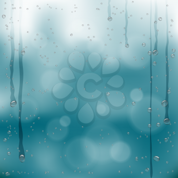 Autumn bubbles drops template on wet glass. Rainy window and dark blue sky background