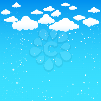 Cartoon clouds and falling little snow. Snowflake falls from blue sky. Christmas winter illustration