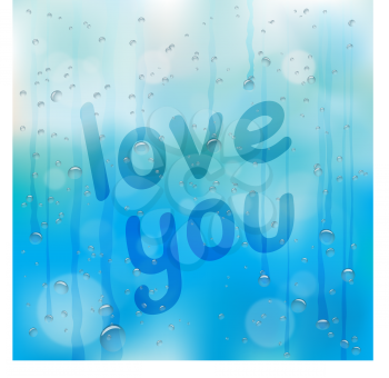 Hand drawn love you text on wet glass. Rainy window and message on blue sky background. Summer or autumn romantic note