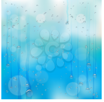 Summer bubbles drops template on wet glass. Rainy window and dark blue sky background