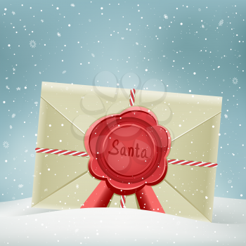 Christmas letter from Santa on snowy winter background. Holiday greeting envelope with message.