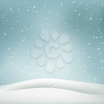 Christmas snowdrift on snowy sky background. Winter snow hills. Holiday background template. Big and small snowflakes falling from sky