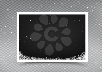 Christmas snow empty photo frame template on falling snow gray transparent background. Holiday celebration picture snapshot