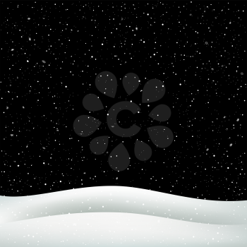 Christmas snowfall template and snowy hills. Holiday winter snowdrift. Snow falls in black dark background. Big and small snowflakes falling from night sky