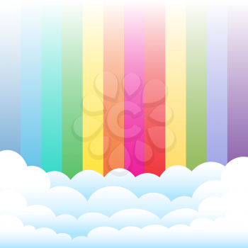 Cartoon clouds on rainbow color background. Blue azure green yellow orange red pink sky and cloud template backdrop
