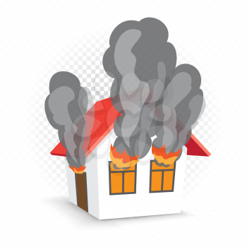 House in fire vector illustration on white transparent background. Home building burning