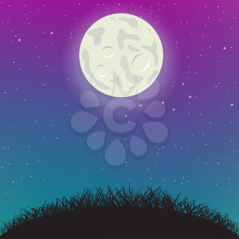 Night sky moon light and hill silhouette. Spring or summer grass on starry background. Beautiful nature evening or morning meadow