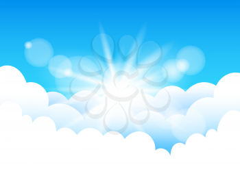 Blue cartoon sky with clouds and sun lights. Sunshine cloud template. Realistic sunny effect