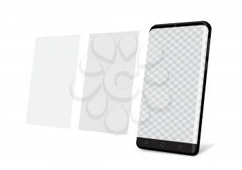 Smartphone mockup with transparent screen template on white background. Black smart phone device. Electronic communication technology