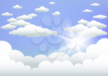 Sun behind the clouds on blue sky background. Sunlight and cloud template. Cartoon nature backdrop