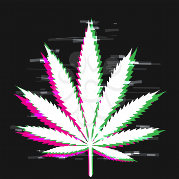 Cannabis drug glitch effect sign in dark. White hemp shape on black background. Marijuana symbol template. Weed plant leaf silhouette with green and pink shadow colors