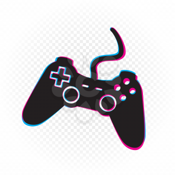 Glitch gamepad computer icon. Games console joystick on white transparent background. Black joypad silhouette symbol