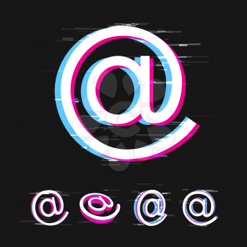 Email and social media glitch sign set on dark black background. Internet network communication symbol with pink and blue error effect
