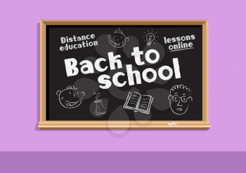 Back to school online education blackboard in pink room background. Educate sign symbols draw on chalkboard