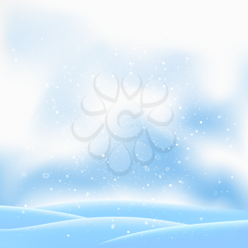 Christmas snowfall on cartoon blue sky background. Winter hills and falling snow. Azure color snowdrift. Holiday frost nature backdrop