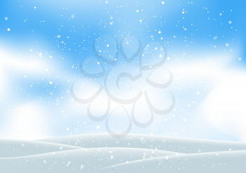 Christmas snowfall and snowdrift on blue sky background. Winter hills and falling snow. Holiday frost nature backdrop