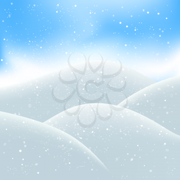 Christmas snowdrift and snowfall on blue sky backdrop. Winter hills and falling snow. Holiday frost nature backdrop