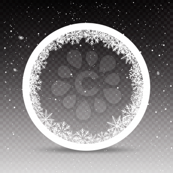 Snowy circle frame template on gray transparent background. Christmas snowflakes holiday ice ornament banner