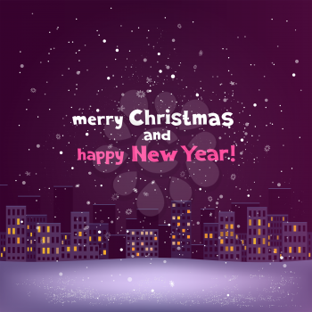 Christmas text and city snowfalls in pink dark background. Winter holiday night template with congratulation message