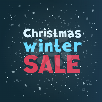 Christmas discount sale text and snowfall on dark background. Holiday sale offer on snowstorm. Winter shopping decoration