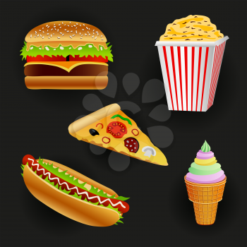 Fast food set with shadow on black background. Burger hot dog popcorn pizza ice cream meal isolated on dark backdrop