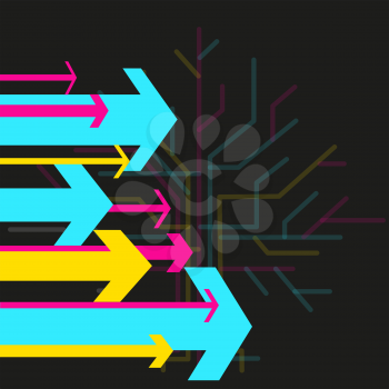 Colored arrows moving forward on dark background. Blue pink and yellow arrow sign. Business success template